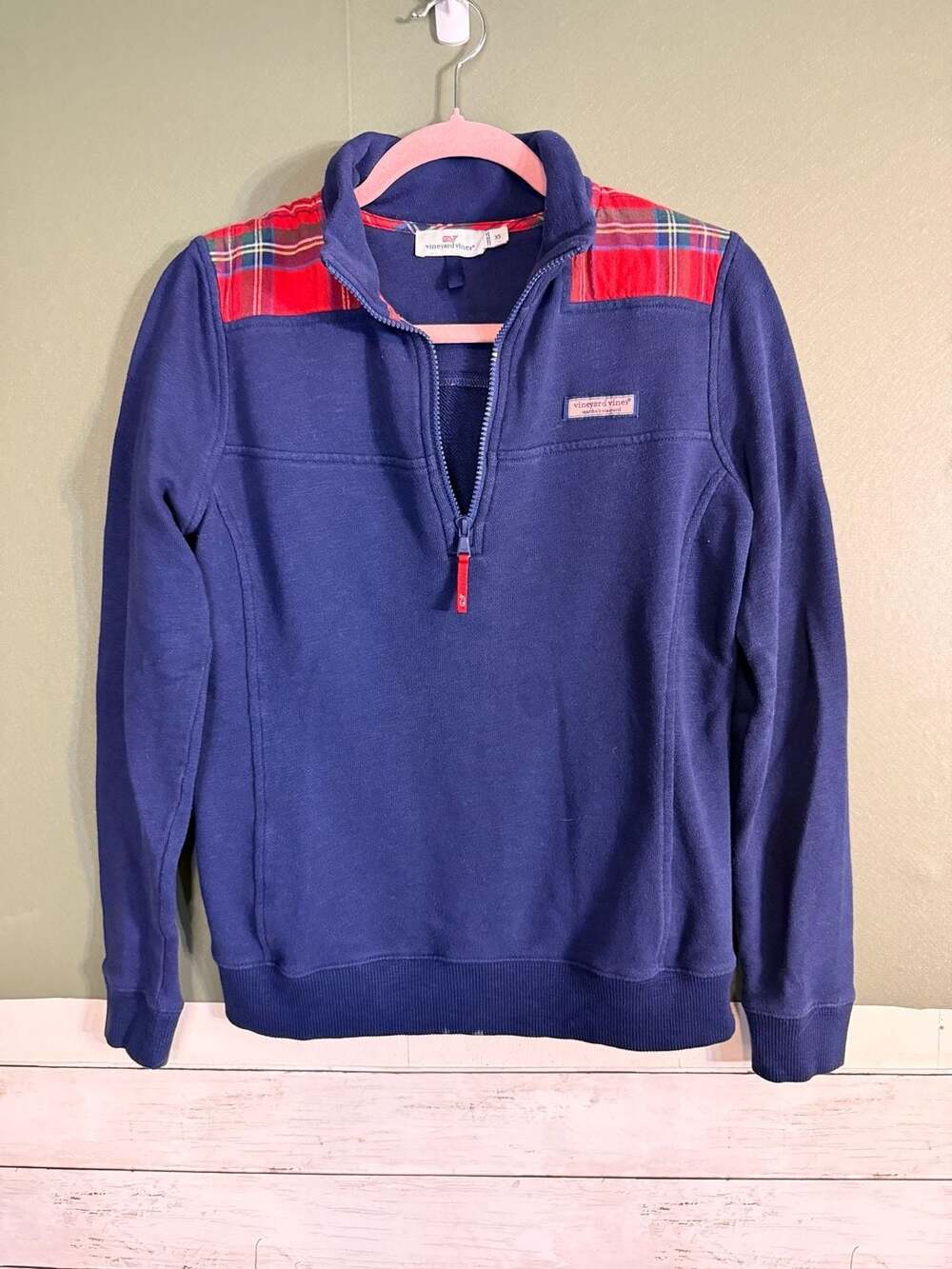 Vineyard Vines Plaid Women's XS Navy Blue 1/4 Zip Pullover Preppy Sweatshirt